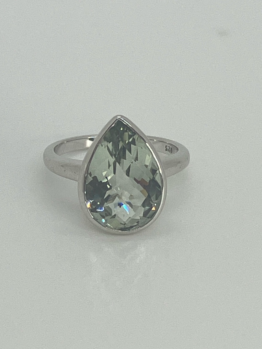 Vtg 925 Prasiolite Green Amethyst Pear Cut Solitaire Sterling Ring Sz 6.75